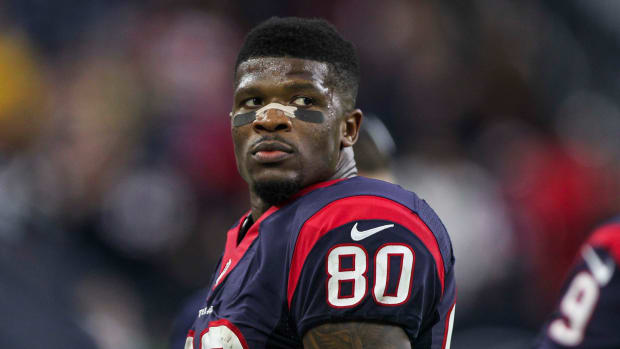 Texans wide receiver Andre Johnson on the sideline during the fourth quarter against the Jacksonville Jaguars at NRG Stadium.